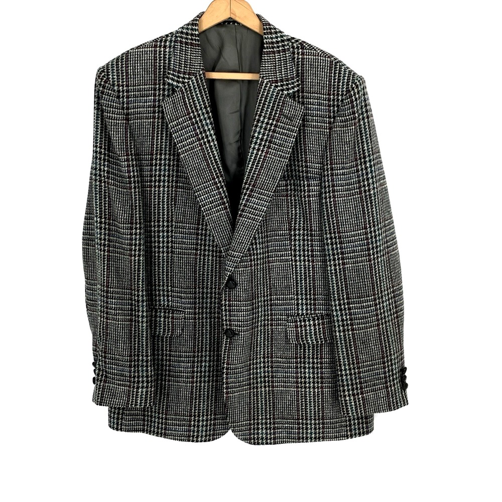 Daks‎ London New York Men Blazer 46R Windowpane Preppy Wool Blend Black White